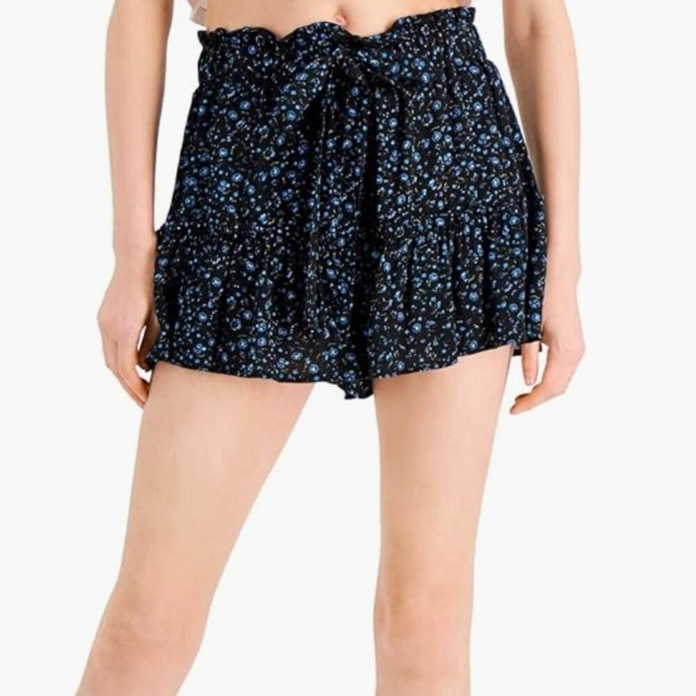 NEW! Vanilla Star Mini‎ Skort/ Skirt Floral Blue Stretch waist w/ Strap Belt XS